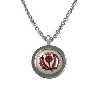 Circular Red Scottish Thistle Pendant Necklace